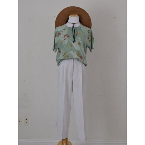 Vintage 90s ramie/acrylic Green Floral Knit‎ Top size M - Picture 9 of 10